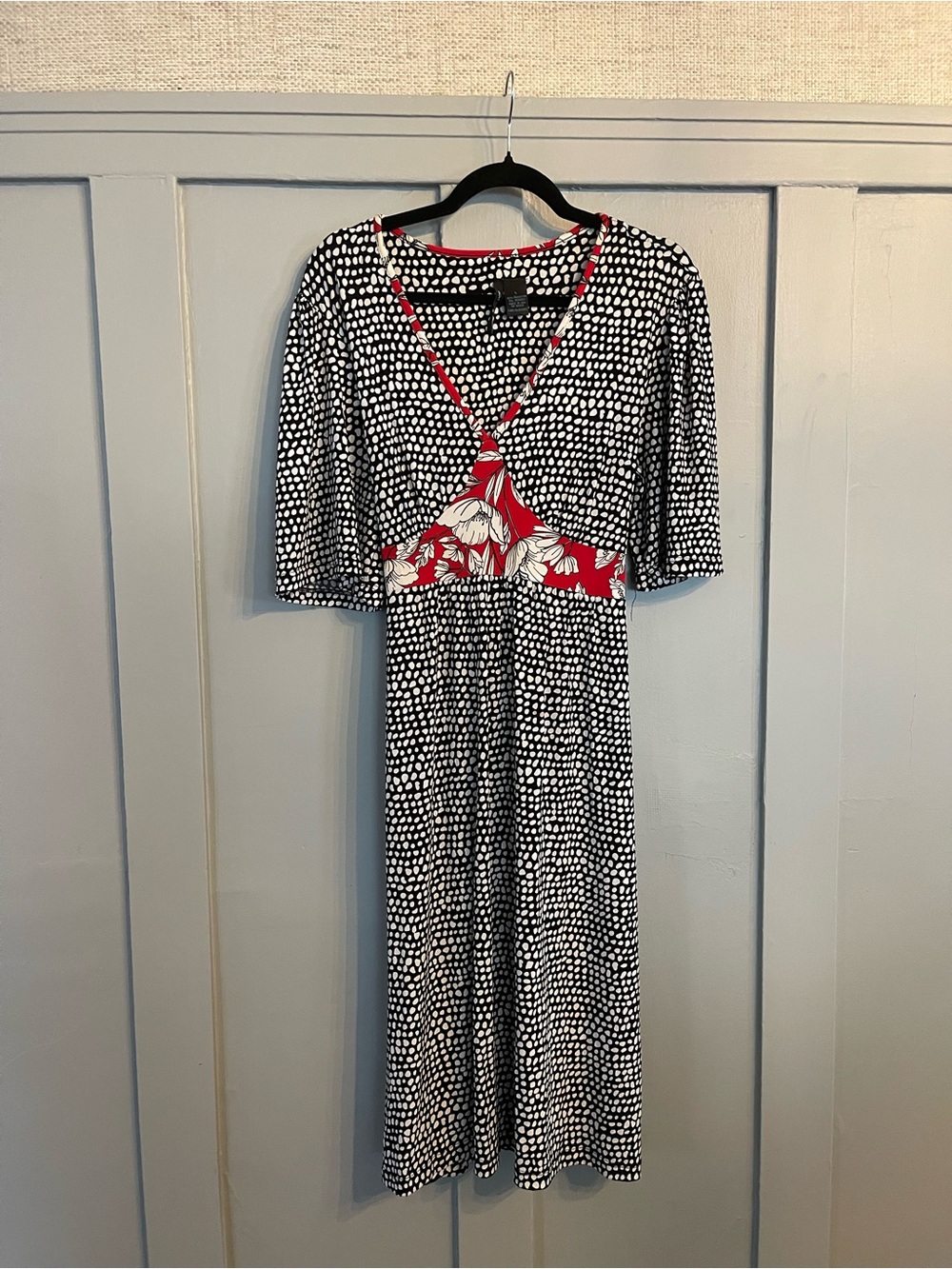 Saint Tropez West Black & White Polka Midi Dress with Red Floral Trim